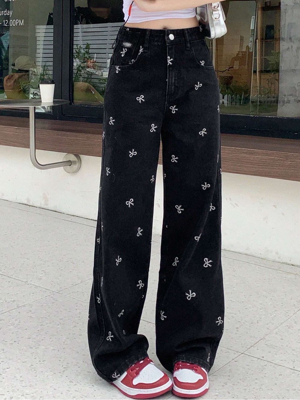 Dazy brand Women's bow wide Straight Leg Jeans in Black size large waist 30